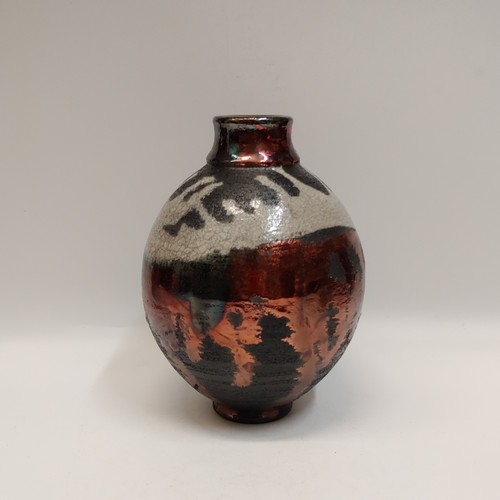 Click to view detail for #221188 Raku Vase Black/White/Copper7x4.75 $22
